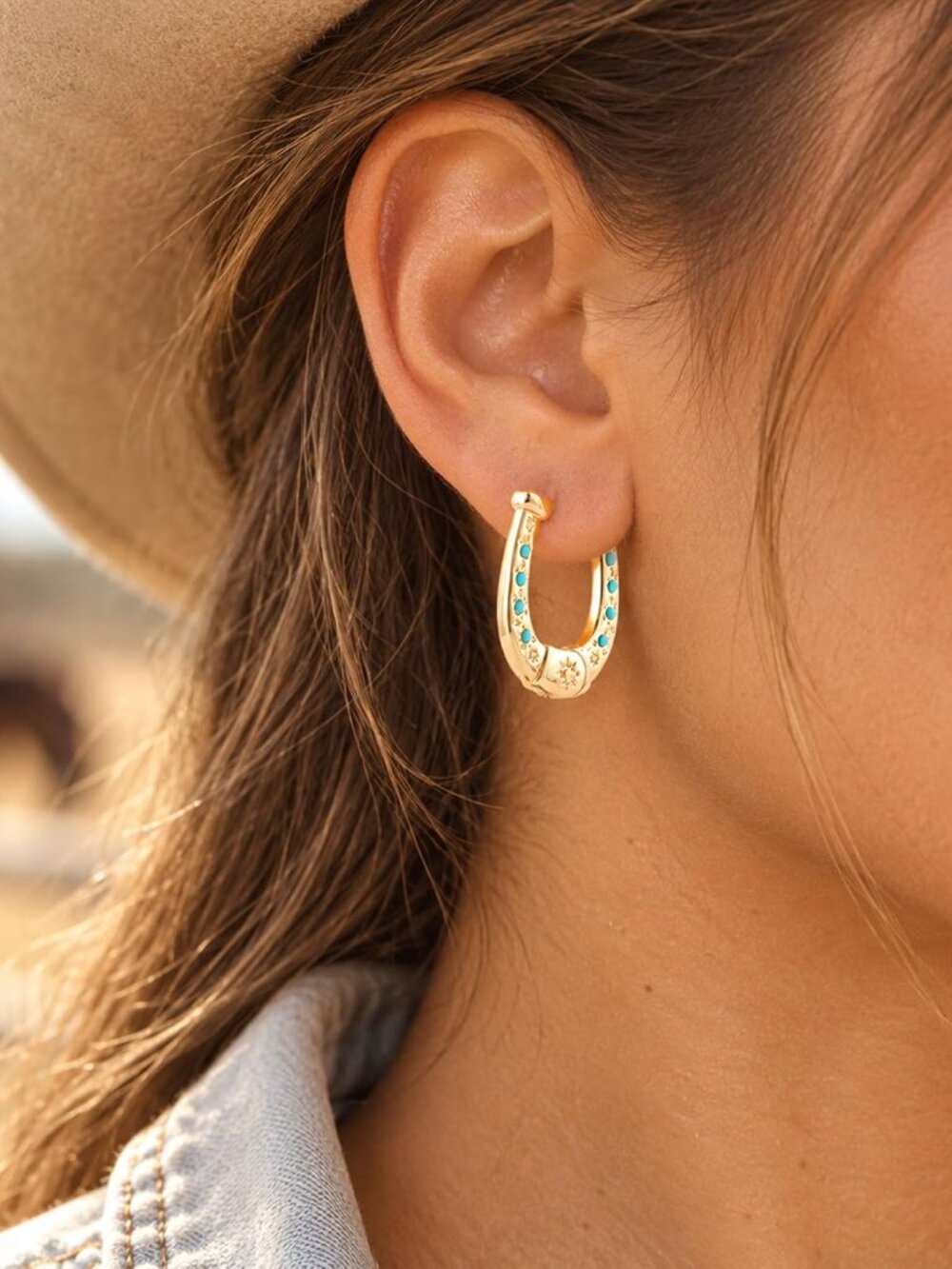 Western Horseshoe Hoop Earrings for Women 14K Gold Plated